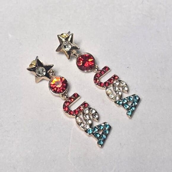 USA Red White and Blue Gemstone Dangle Gold Tone Earrings - Picture 1 of 4